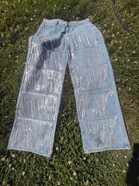 Fringe Wide Leg Jeans XL 38” Waist Boho Western Statement Denim Festival Pants